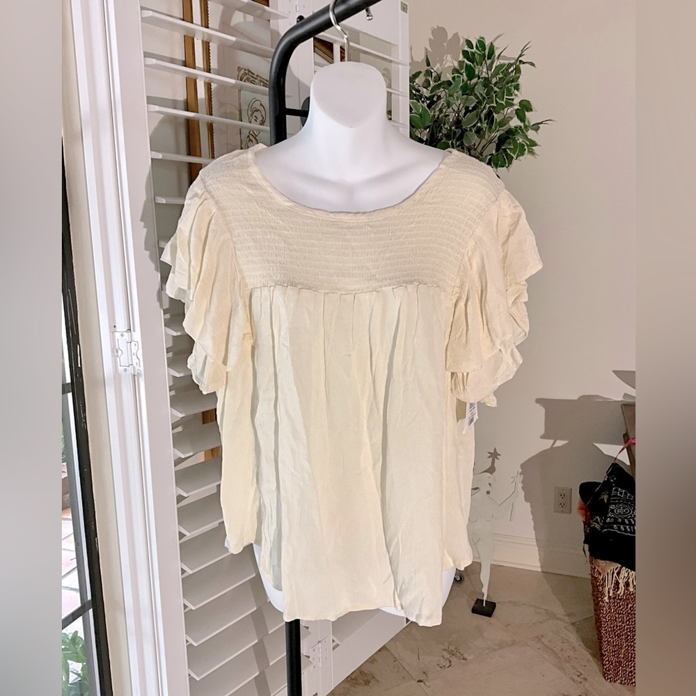 New! Forgotten Grace Beige Gauze Smocked Top Size M New with tags
